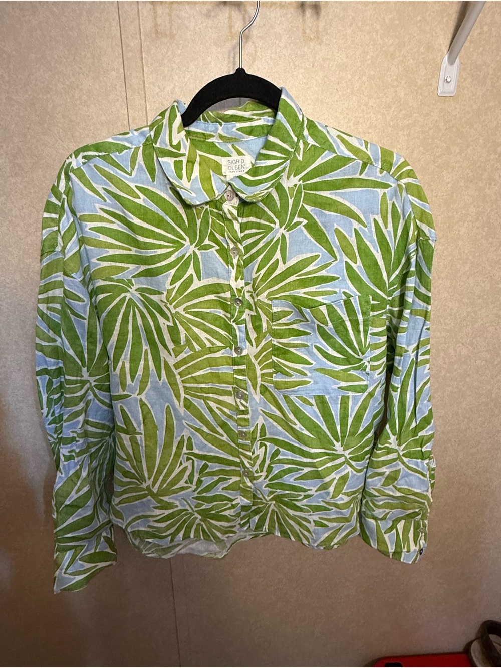 Sigrid Olsen 100% Linen Shirt Tropical Palm Leaf Button Down Blouse Medium Beach